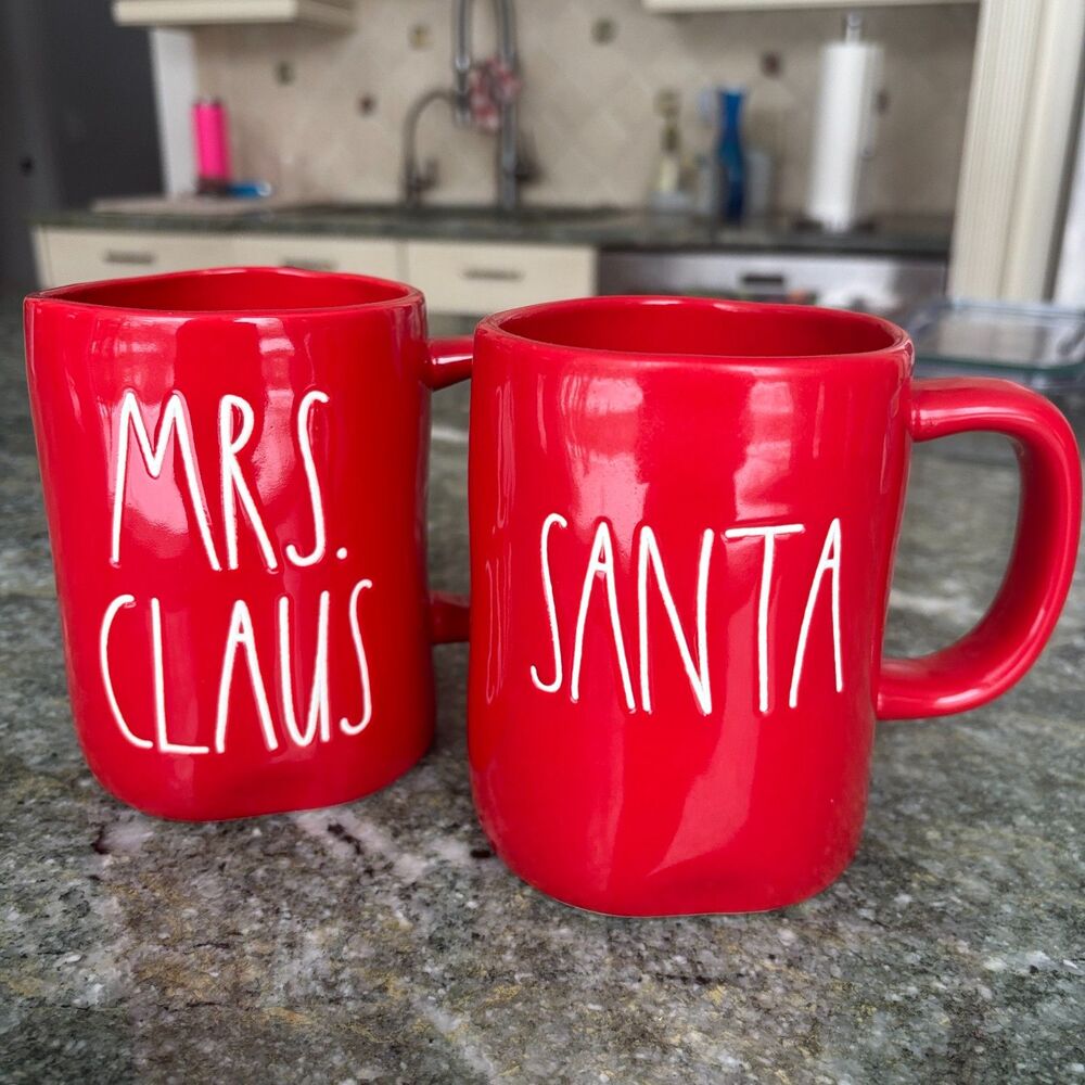 Rae Dunn Santa Mrs Claus Mugs Set Red White Holiday Christmas Farmhouse NWT
